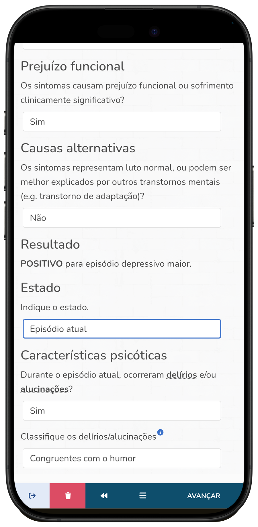 Screenshot #1: Triagem para episódio depressivo maior