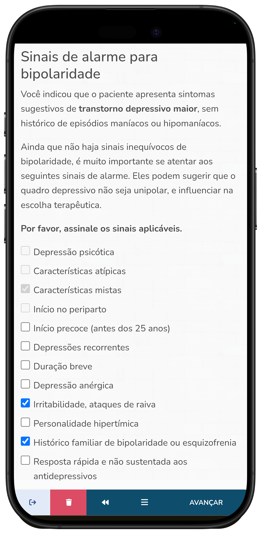 Screenshot #5: Sinais de alarme para bipolaridade