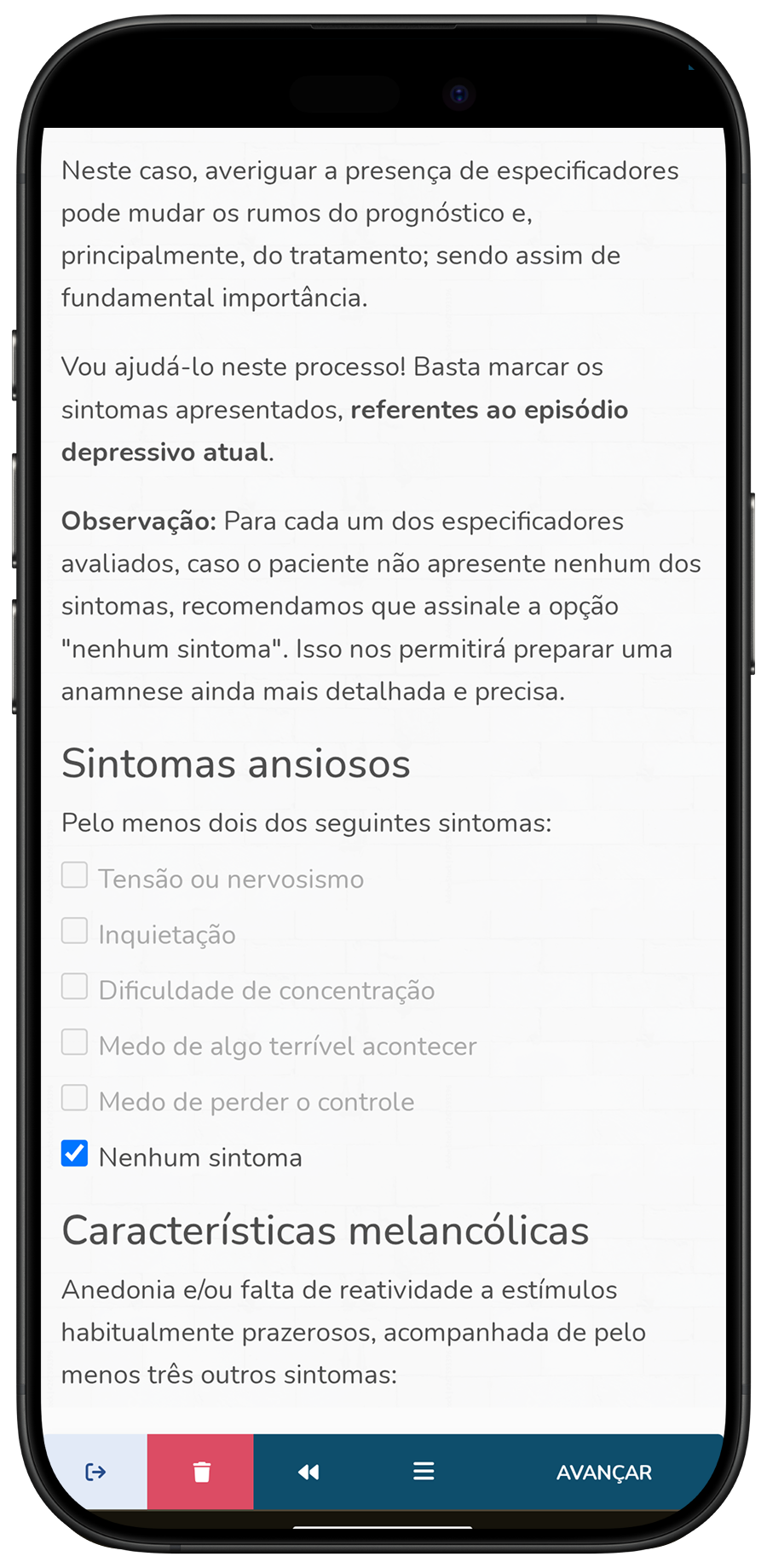 Screenshot #3: Análise dos especificadores para episódio depressivo maior (parte 1)
