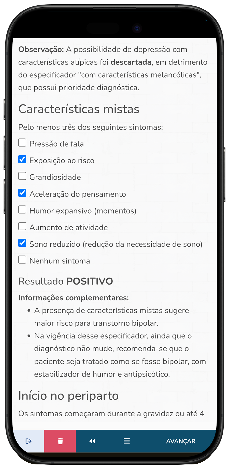 Screenshot #4: Análise dos especificadores para episódio depressivo maior (parte 2)
