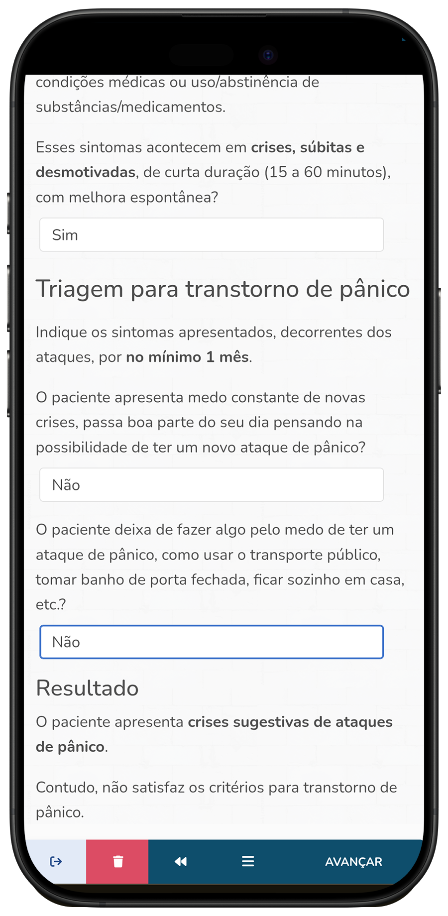 Screenshot #6: Triagem para transtorno de pânico