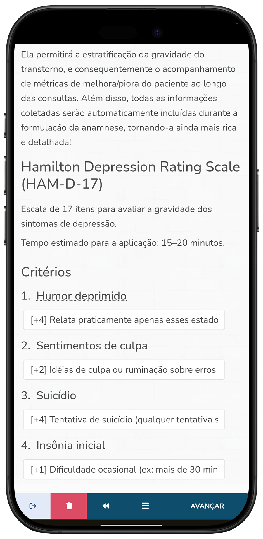 Screenshot #7: Escala diagnóstica HAM-D (HDRS)