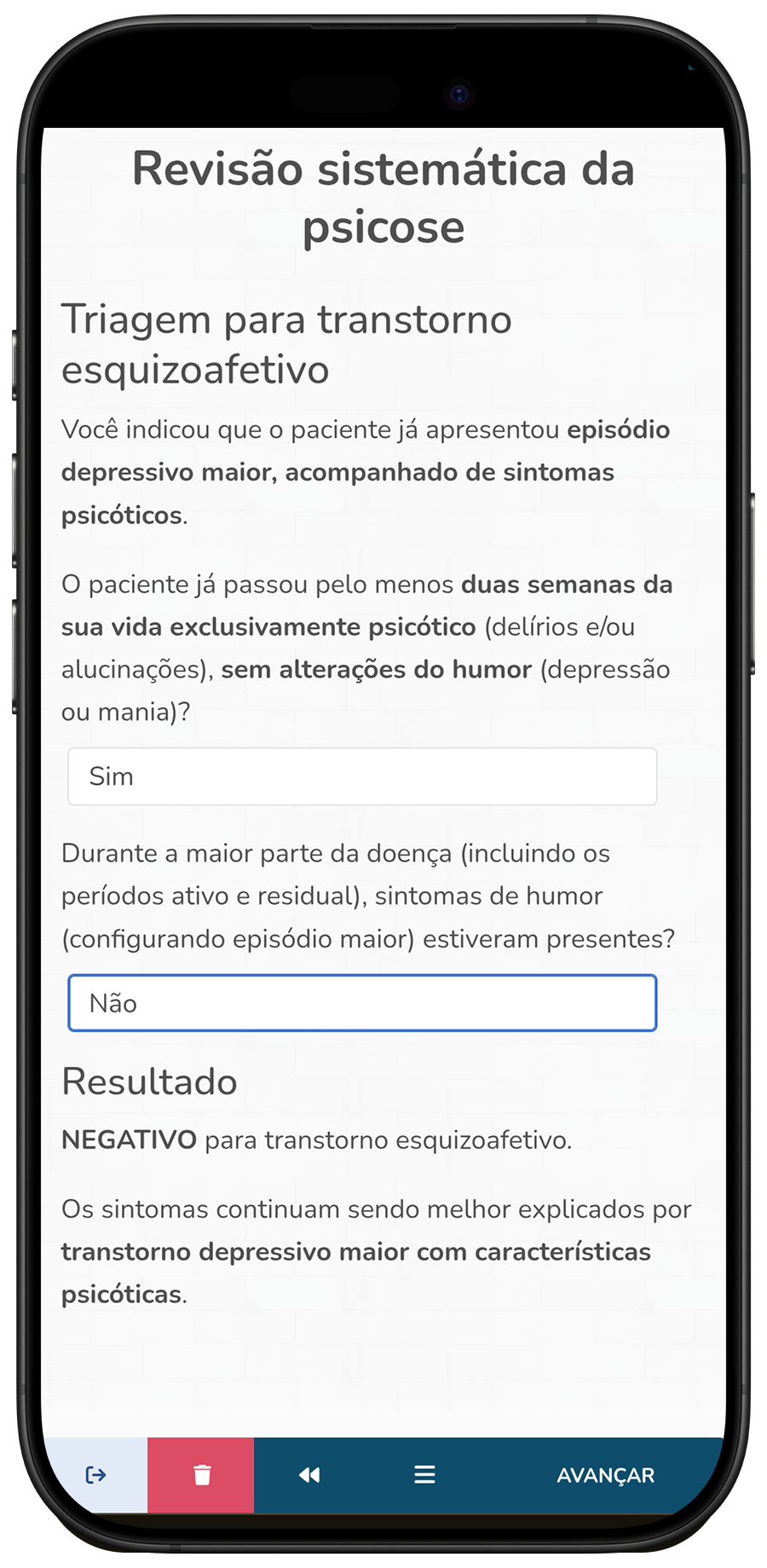 Screenshot #2: Triagem para transtorno esquizoafetivo